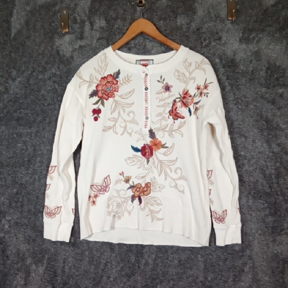 Johnny Was Taline Top Embroidered Waffle Knit Thermal Henley Boho Sz M